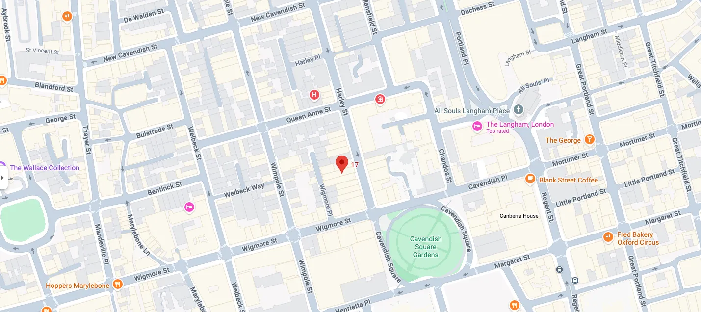 Map showing Checkpoint clinic at 17 Harley Street, London
